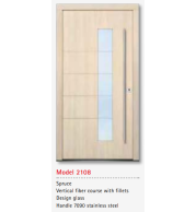 UNILUX Model 2108 Spruce Door, Vertical Fiber, Fillets, Custom Designer Glass, Security Lock, German Made Timber Door
